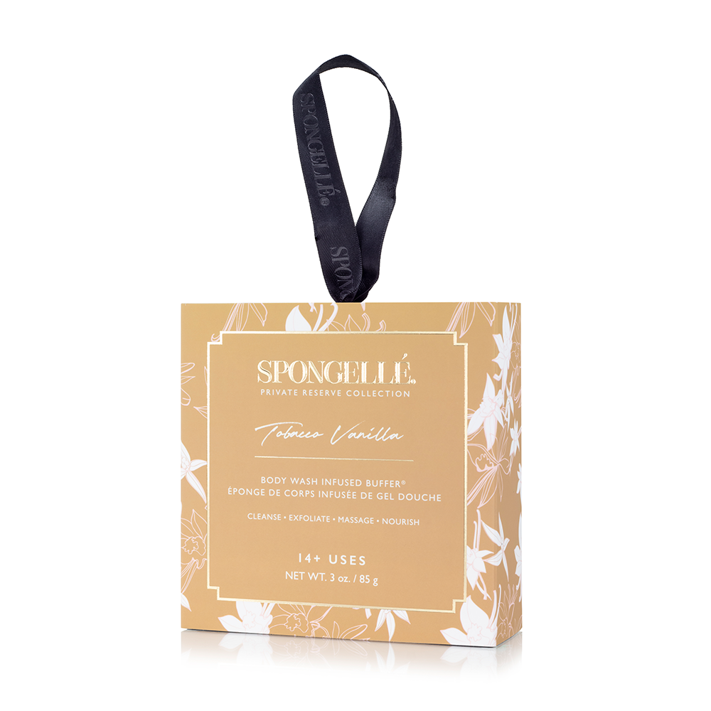 Spongellé Tobacco Vanilla boxed flower body wash infused buffer with floral and vanilla scent, designed for gentle exfoliation and cleansing.
