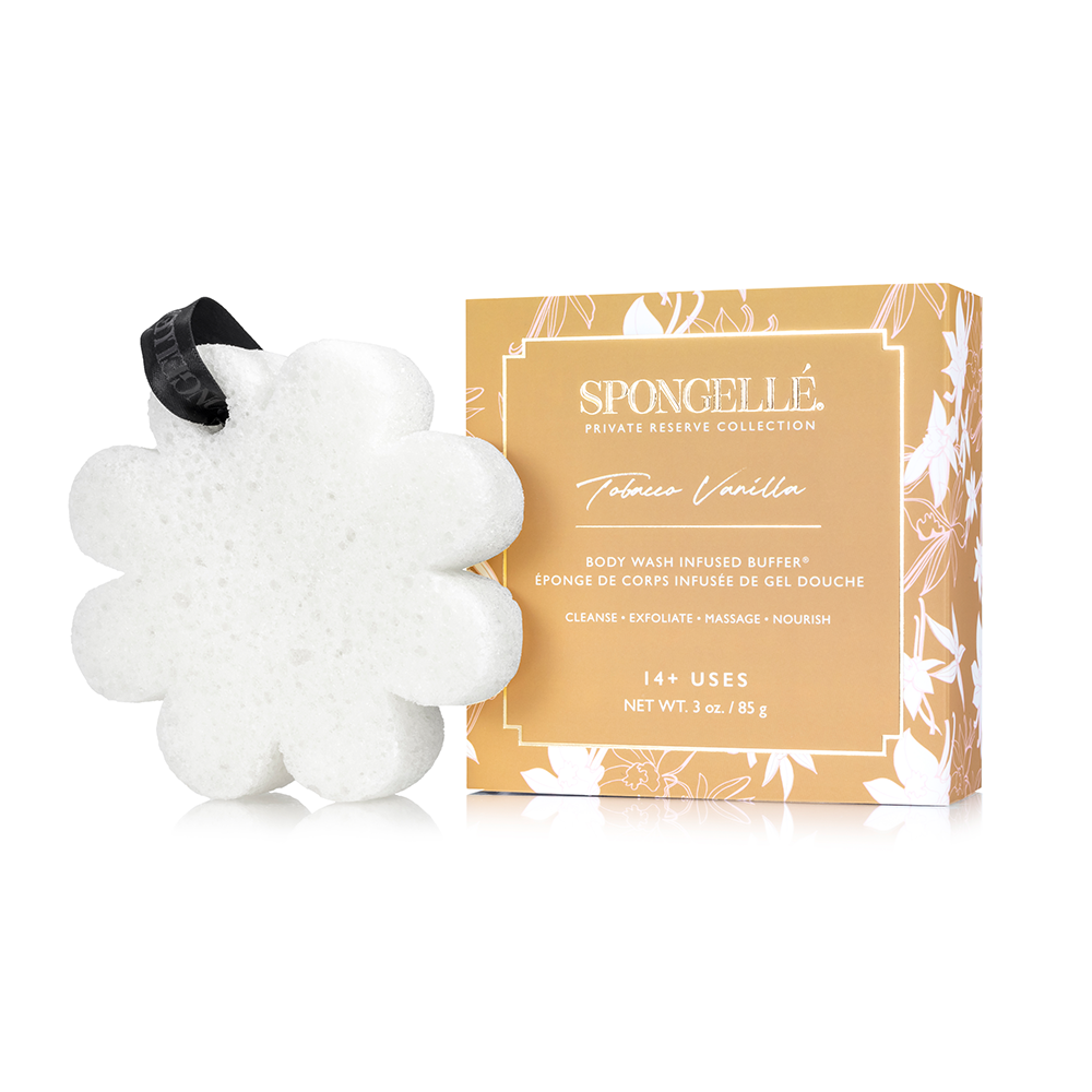 Spongellé Tobacco Vanilla Body Wash Infused Buffer with boxed flower design, featuring a luxurious vanilla and tobacco scent.