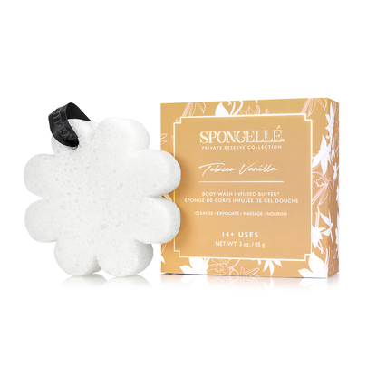 Spongellé Tobacco Vanilla Body Wash Infused Buffer with boxed flower design, featuring a luxurious vanilla and tobacco scent.