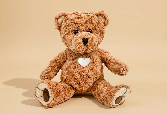 Toffee-colored Blessing Bear prayer bear by The Graceful Goose with embroidered prayer details and soft plush fabric.