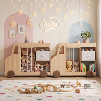 Kids toy storage organizer with wheels and a stuffed animal bin, made by GBruno Store, featuring multiple compartments for easy organization.
