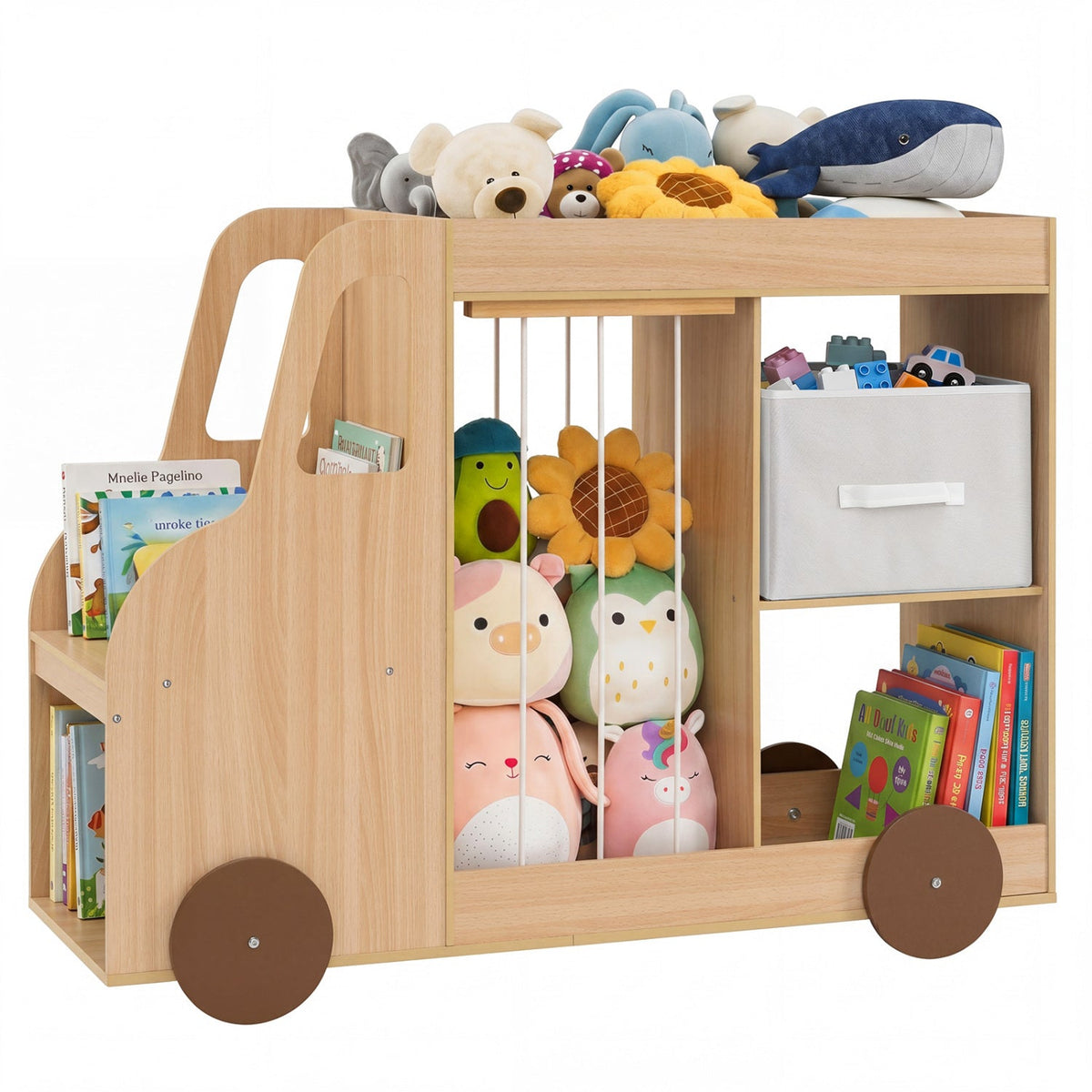 Kids toy storage organizer with wheels from GBruno Store, featuring a stuffed animal bin and multiple compartments for easy organization.