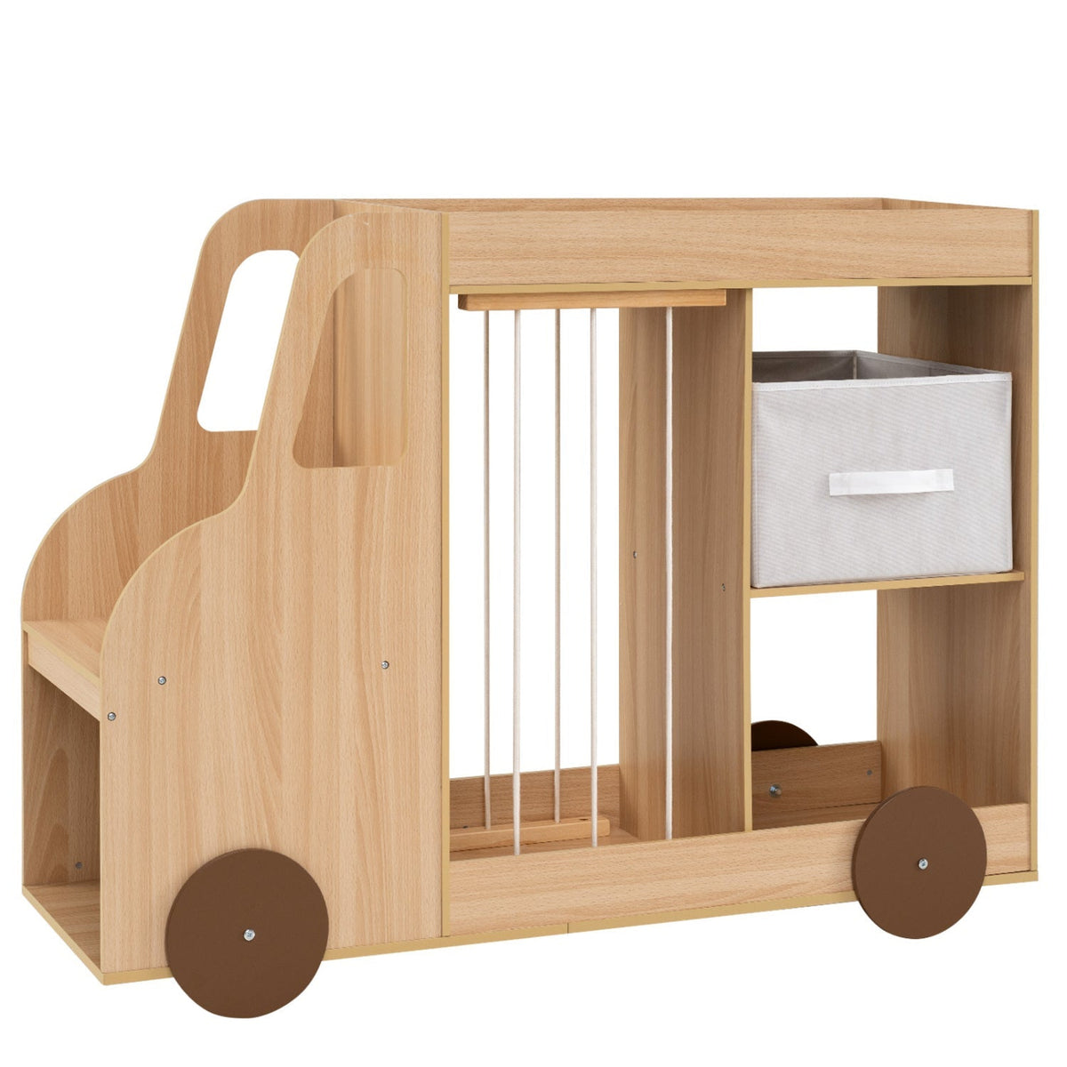 Kids toy storage organizer with wheels from GBruno Store featuring a stuffed animal bin and spacious compartments for toys and books.