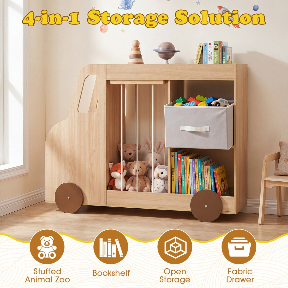 Kids toy storage organizer with wheels and plush animal bin, made by GBruno Store, featuring multiple compartments for easy organization.