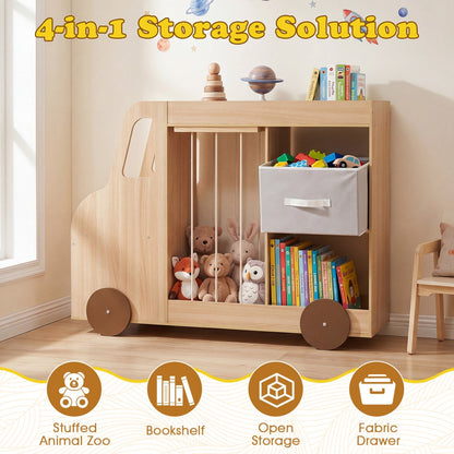 Kids toy storage organizer with wheels and plush animal bin, made by GBruno Store, featuring multiple compartments for easy organization.