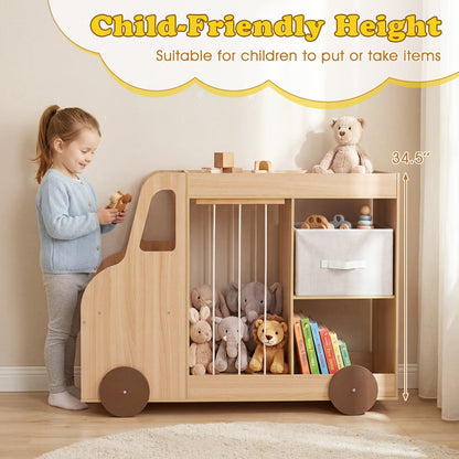 Kids toy storage organizer with wheels from GBruno Store, featuring a stuffed animal bin and multiple compartments for easy organization.