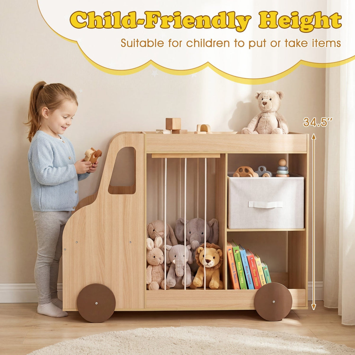 Kids toy storage organizer with wheels and a stuffed animal bin, made by GBruno Store, featuring multiple compartments and colorful design.