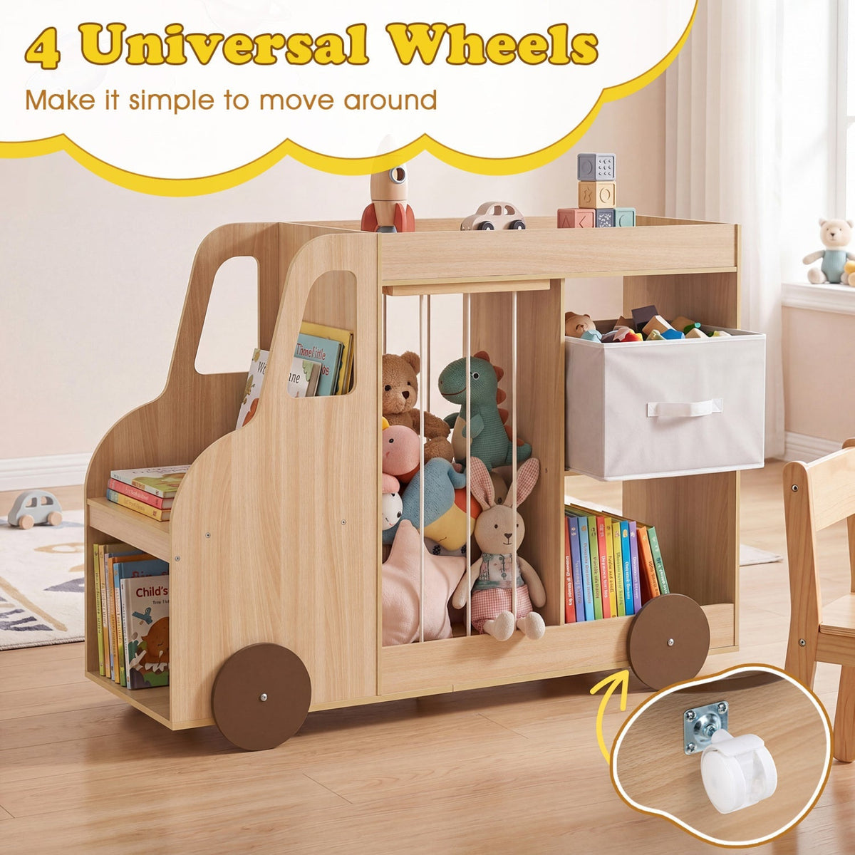 Kids toy storage organizer with wheels and stuffed animal bin, featuring colorful compartments for easy organization.