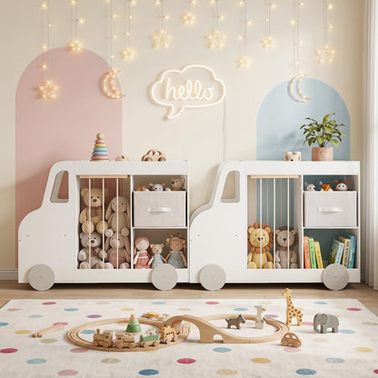 Kids toy storage organizer with wheels and a stuffed animal bin, made by GBruno Store, featuring multiple compartments and a playful design.