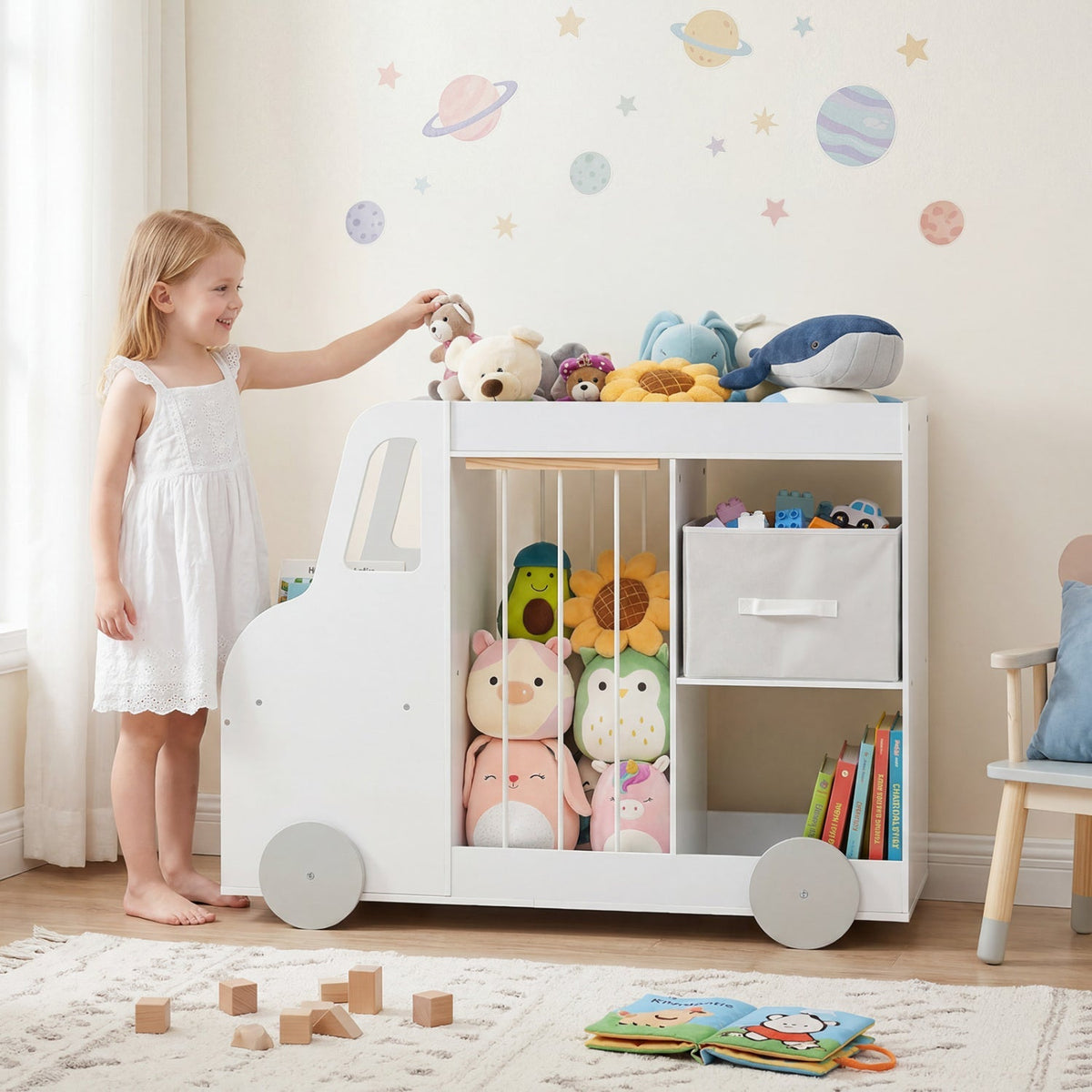 Kids toy storage organizer with wheels featuring a bin for stuffed animals, made by GBruno Store.