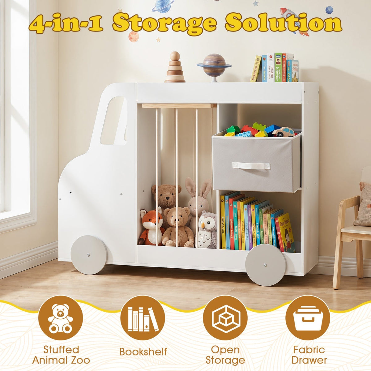 Kids toy storage organizer with wheels and stuffed animal bin, made of durable material, ideal for kid's playroom organization.