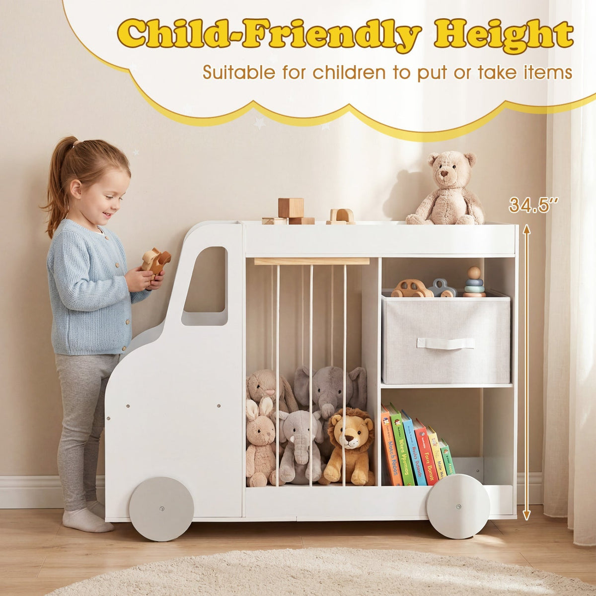 Kids toy storage organizer with wheels by GBruno Store, featuring a stuffed animal bin and multiple compartments for easy organization.