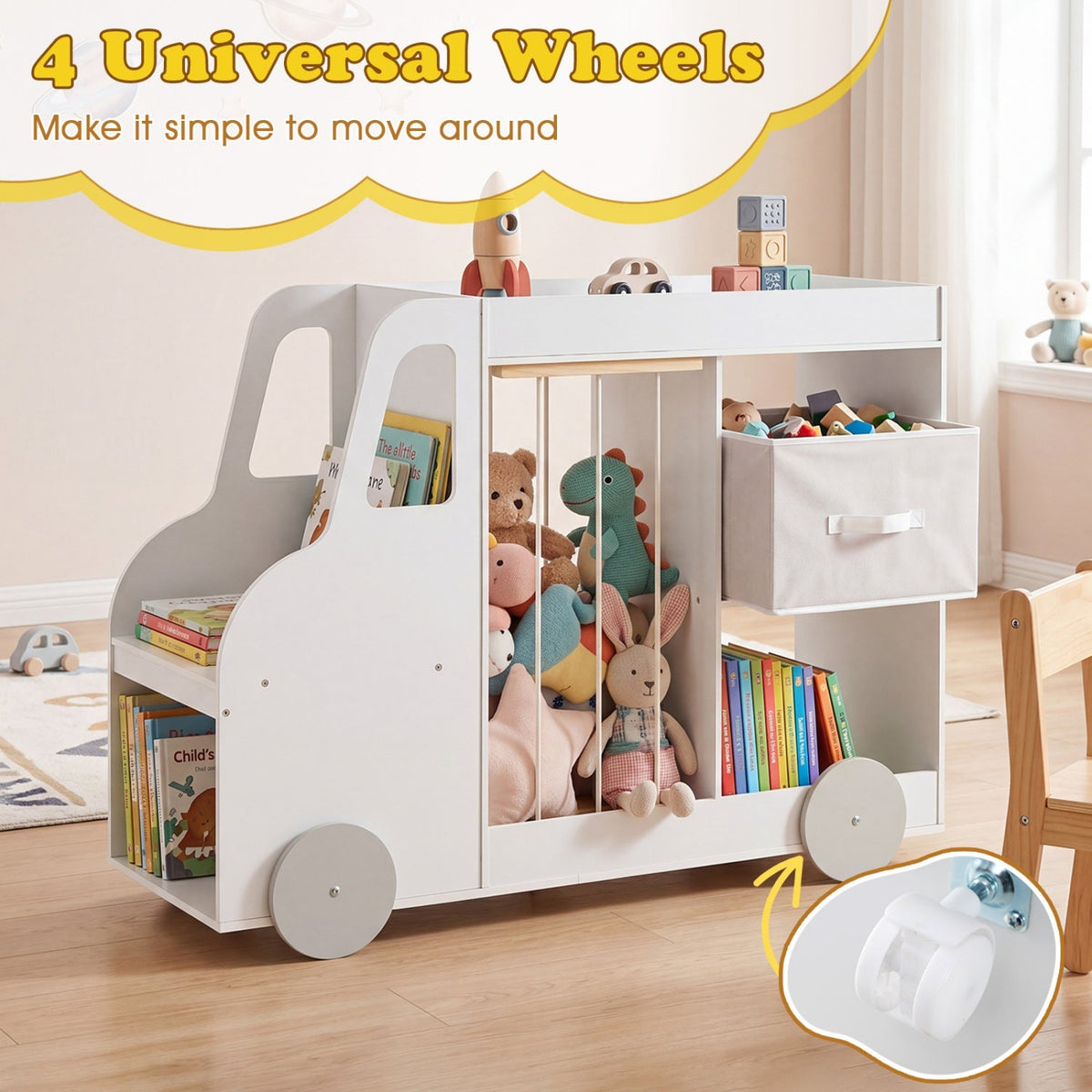 Kids' storage organizer with wheels and a stuffed animal bin, made by GBruno Store for easy toy organization and mobility.