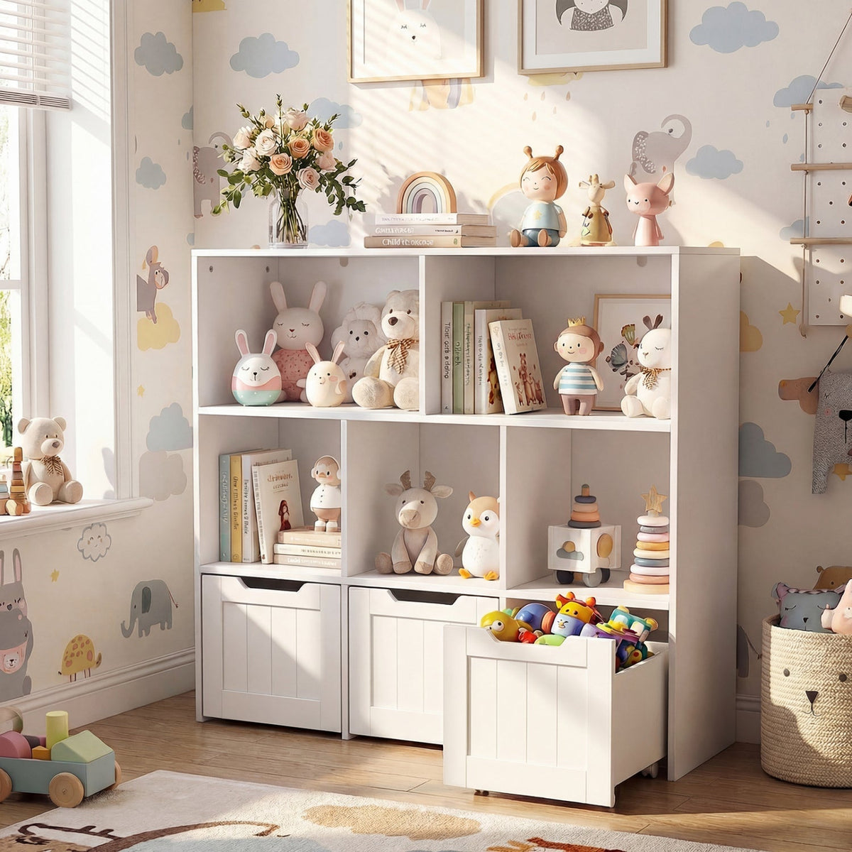 Kids storage organizer with three drawers and five cubbies, made by GBruno Store for organizing toys and kids' belongings.