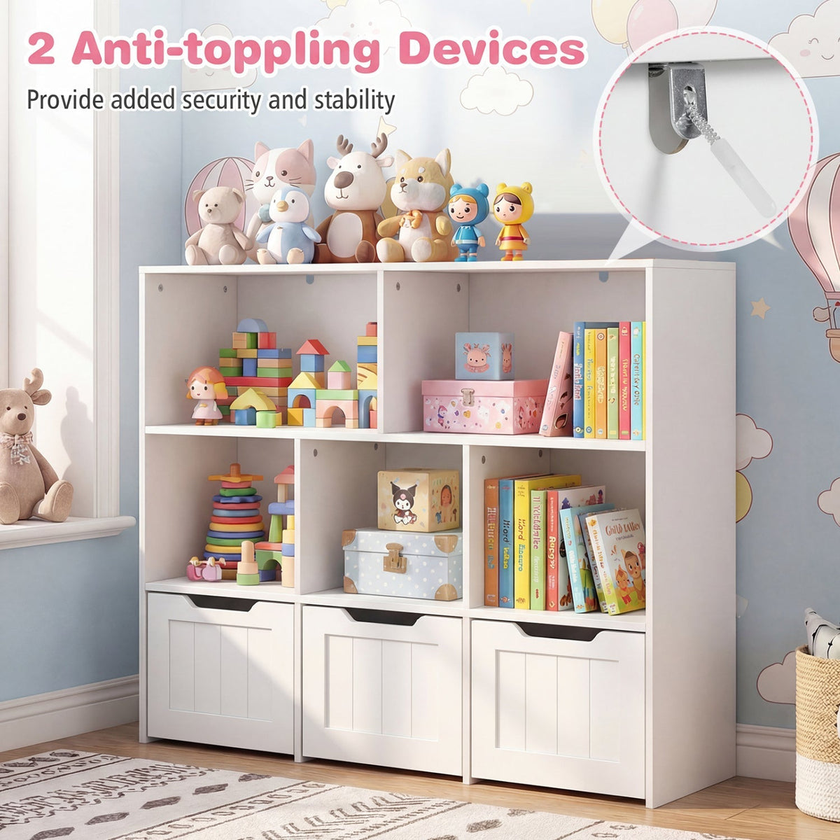Kids storage organizer with three drawers and five cubbies, featuring colorful bins for toy and clothing organization.