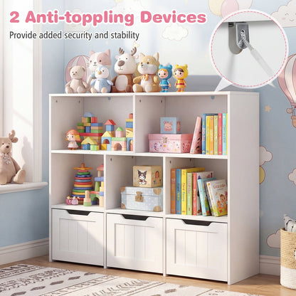 Kids storage organizer with three drawers and five cubbies, featuring colorful bins for toy and clothing organization.