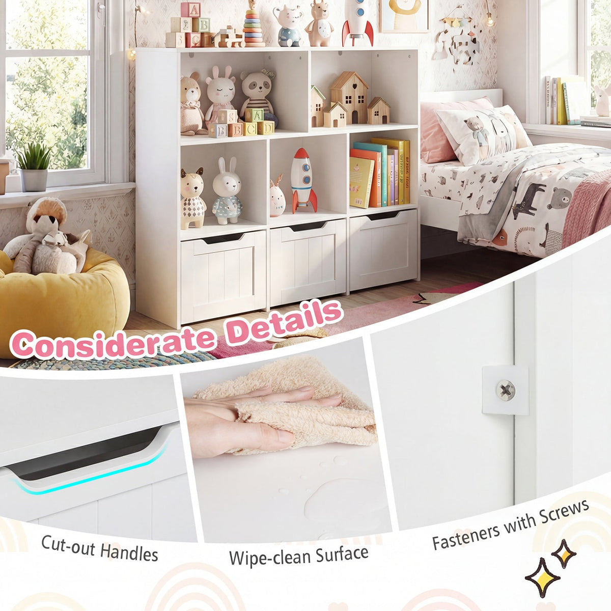 Kids storage organizer with 3 drawers and 5 cubbies, featuring colorful compartments for toy and clothing organization.