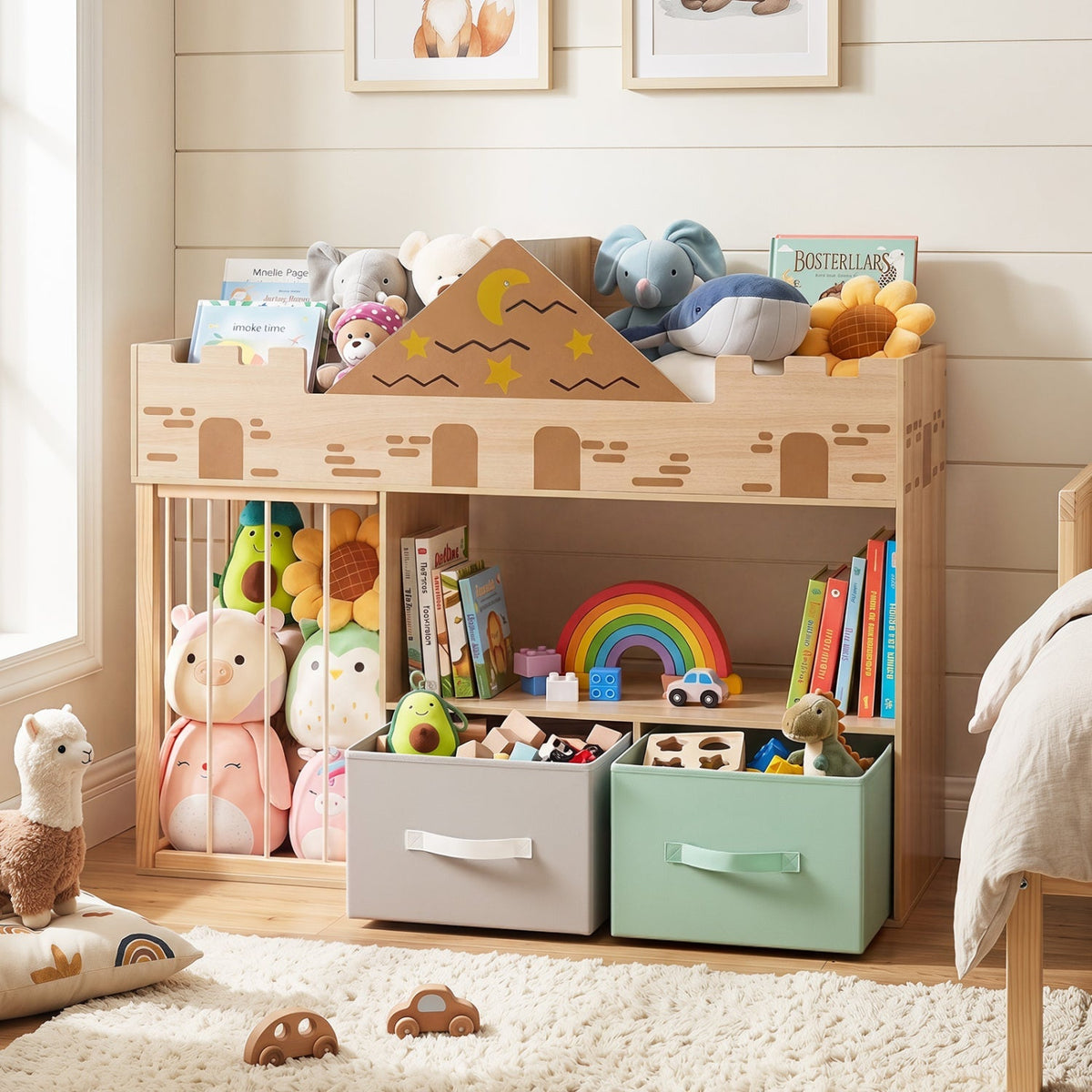 Kids toy storage organizer by GBruno Store with stuffed animal holder, featuring colorful fabric compartments and a sturdy frame.