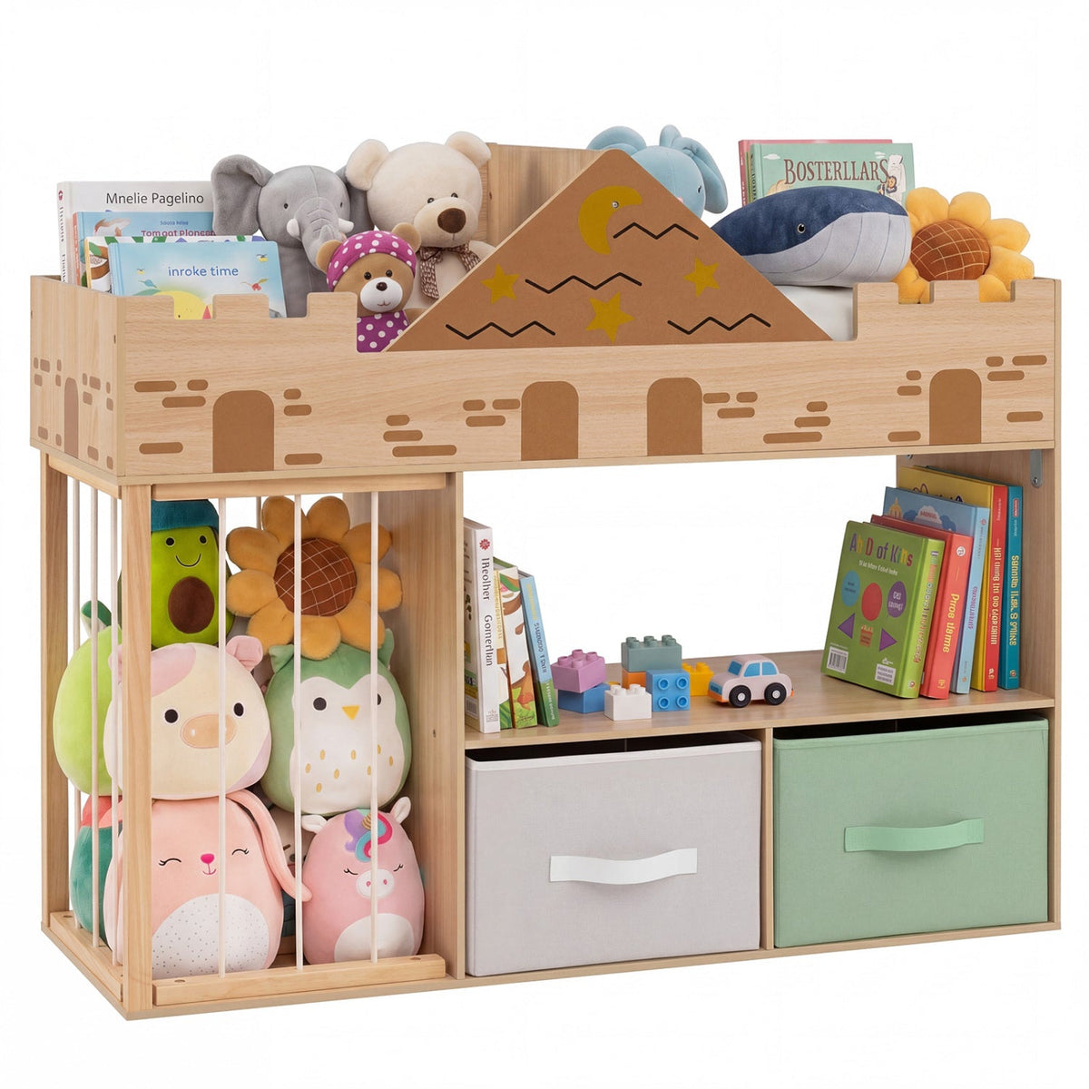 Kids toy storage organizer with stuffed animal holder in colorful fabric, featuring multiple compartments for easy organization.