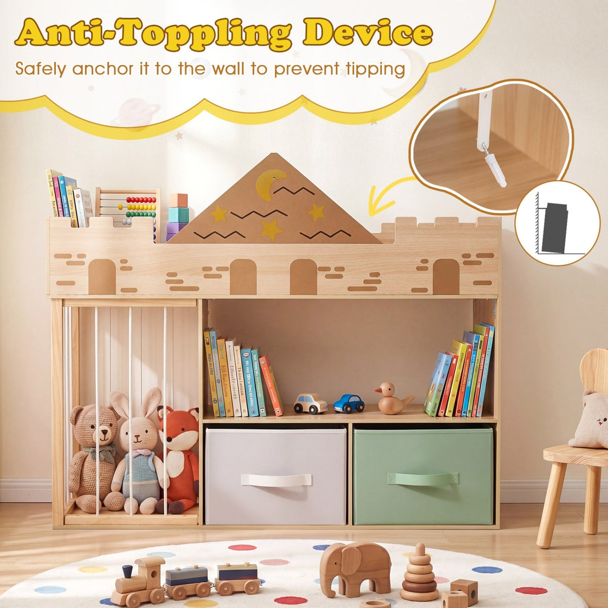 Kids toy storage organizer by GBruno Store with a stuffed animal holder, featuring colorful bins and a spacious design for easy cleanup.