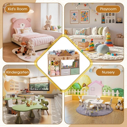 Kids toy storage organizer with stuffed animal holder by GBruno Store, featuring colorful bins and soft plush stuffed animals.