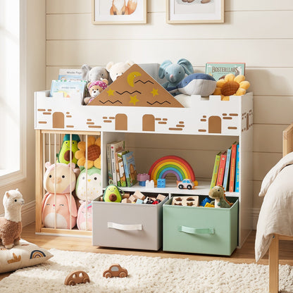 Kids toy storage organizer with stuffed animal holder by GBruno Store, featuring colorful fabric compartments for organizing toys.