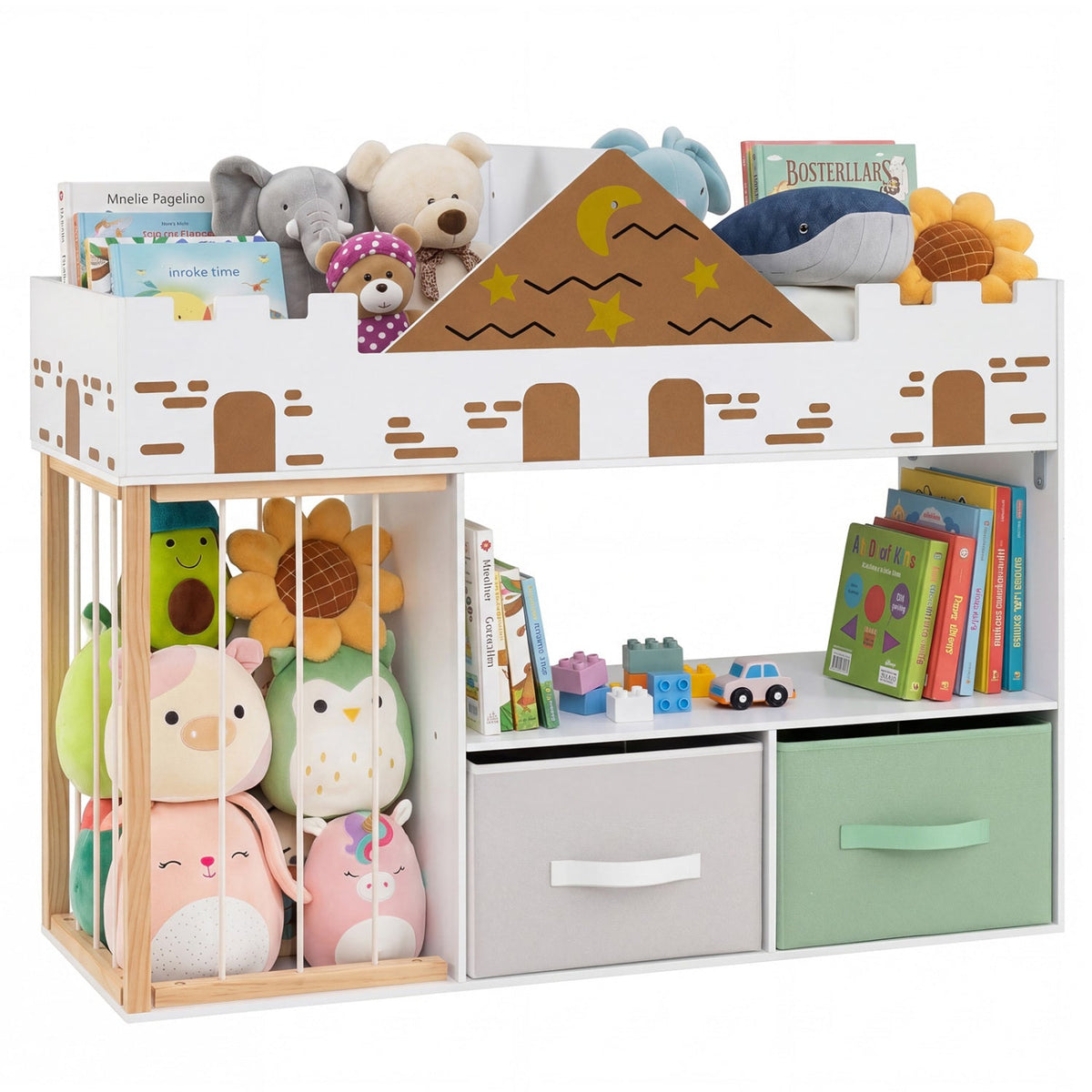 Kids toy storage organizer with stuffed animal holder by GBruno Store, showing colorful fabric bins and plush toys inside.