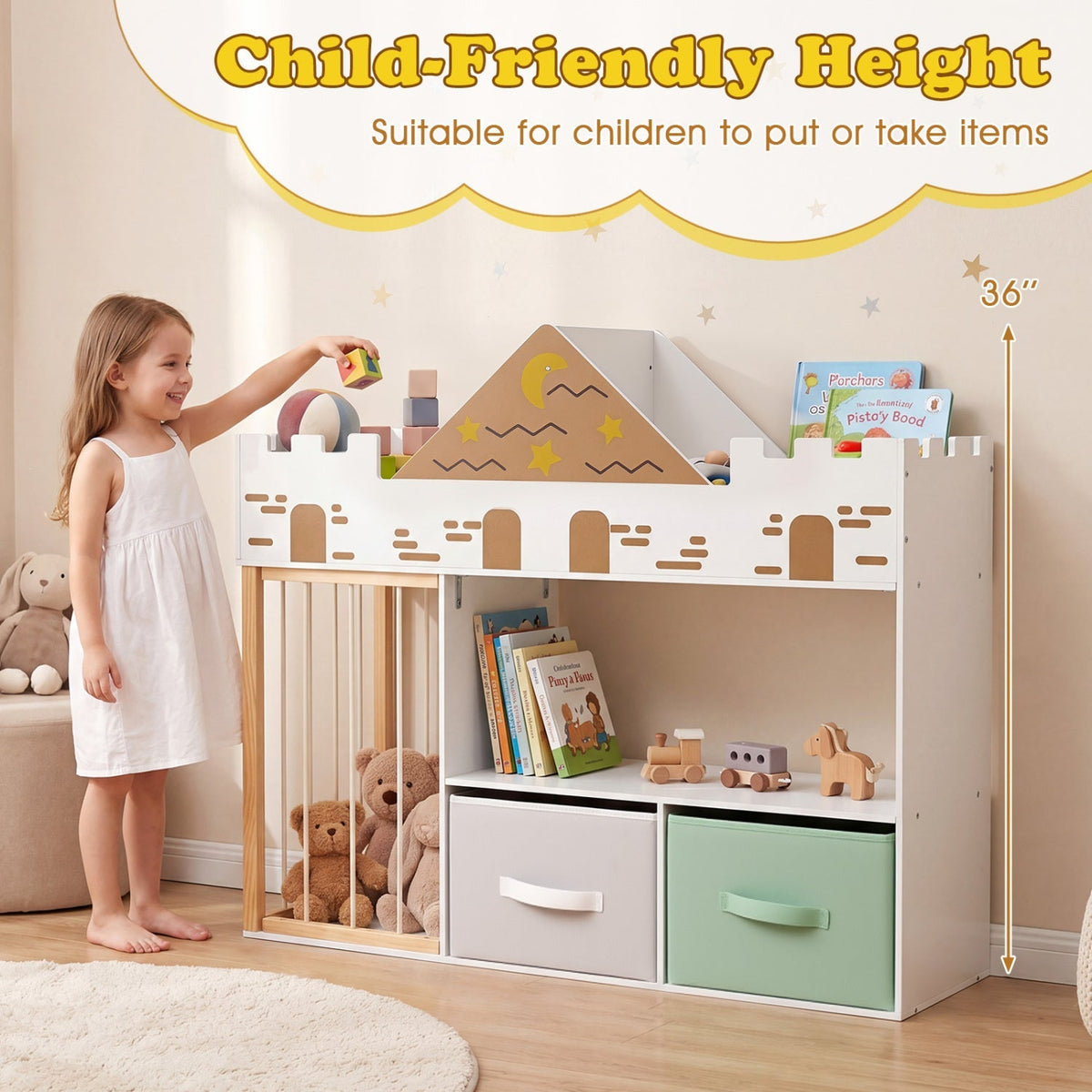 Kids toy storage organizer with stuffed animal holder, featuring colorful fabric compartments for easy toy organization.