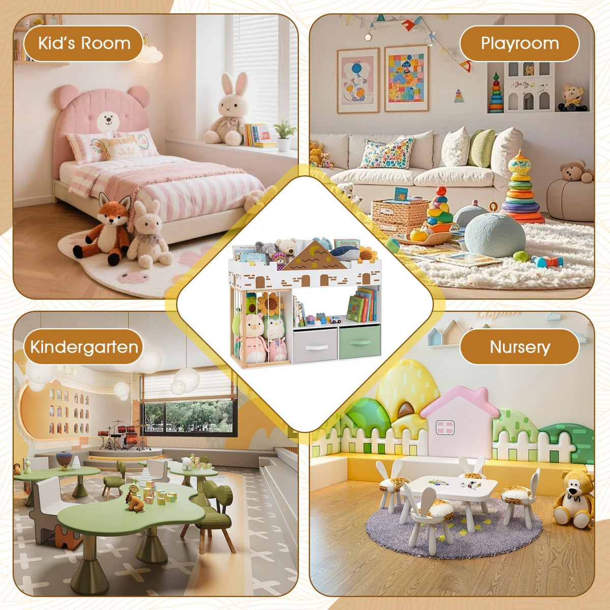 Kids toy storage organizer by GBruno Store with stuffed animal holder, featuring colorful fabric bins and a sturdy frame for kids' room.