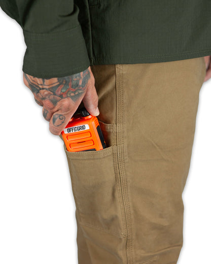 Off The Grid Surplus Trailblazer Boot Cut Pants in Coyote color, showcasing rugged canvas fabric and relaxed fit design.