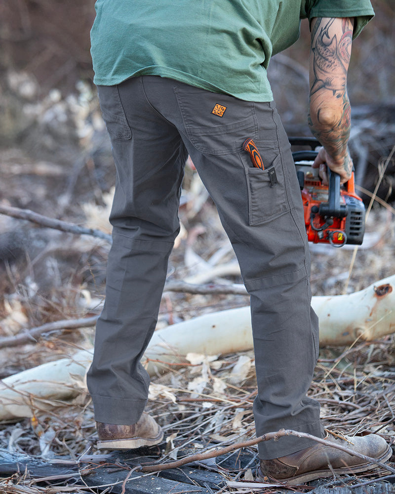 Off The Grid Surplus Trailblazer standard fit pants in Castlerock color, showing the relaxed fit and durable fabric.