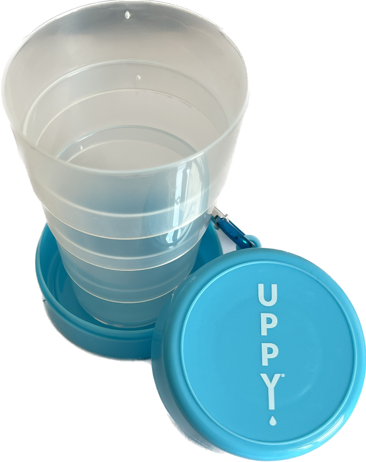 Uppy! On-The-Go Cup with effervescent tablet holder, transparent hydration bottle for electrolyte drinks, open with logo visible.