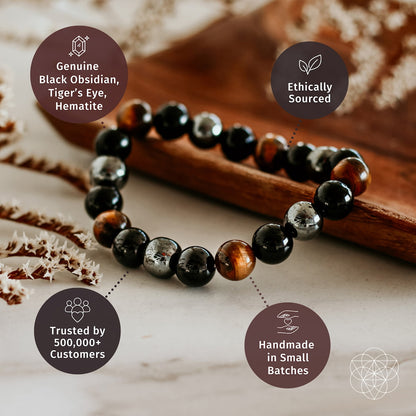 Close-up of the Conscious Items Triple Protection Bracelet showing layered design and textured beads on a neutral background.