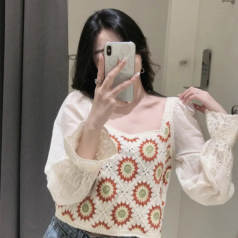 Jacquard Thin Square Neck Wool T-shirt