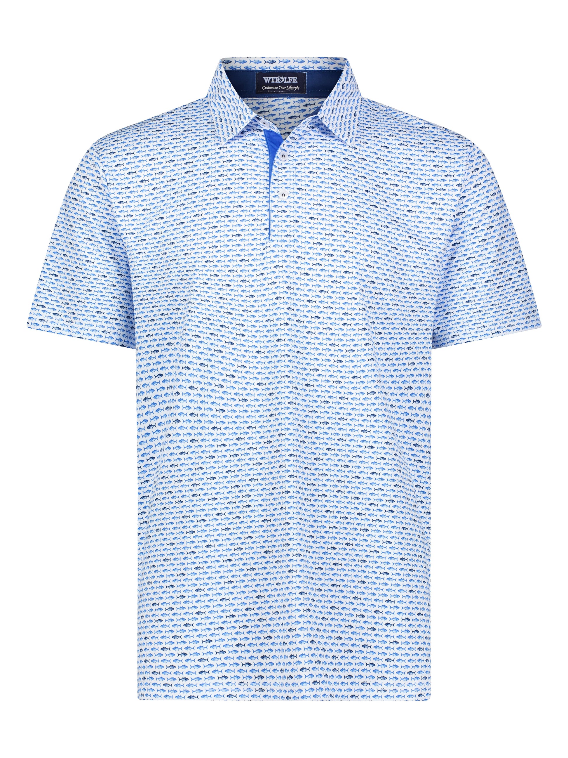 Light blue and navy Tuna Performance Polo by White Water Life, showing the polo's collar and fabric texture.