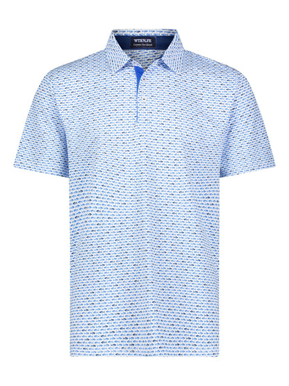 Light blue and navy Tuna Performance Polo by White Water Life, showing the polo's collar and fabric texture.