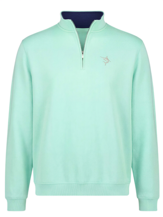 White Water Life Turnberry quarter zip in aqua, smooth knit fabric, featuring a high collar and full front zipper.