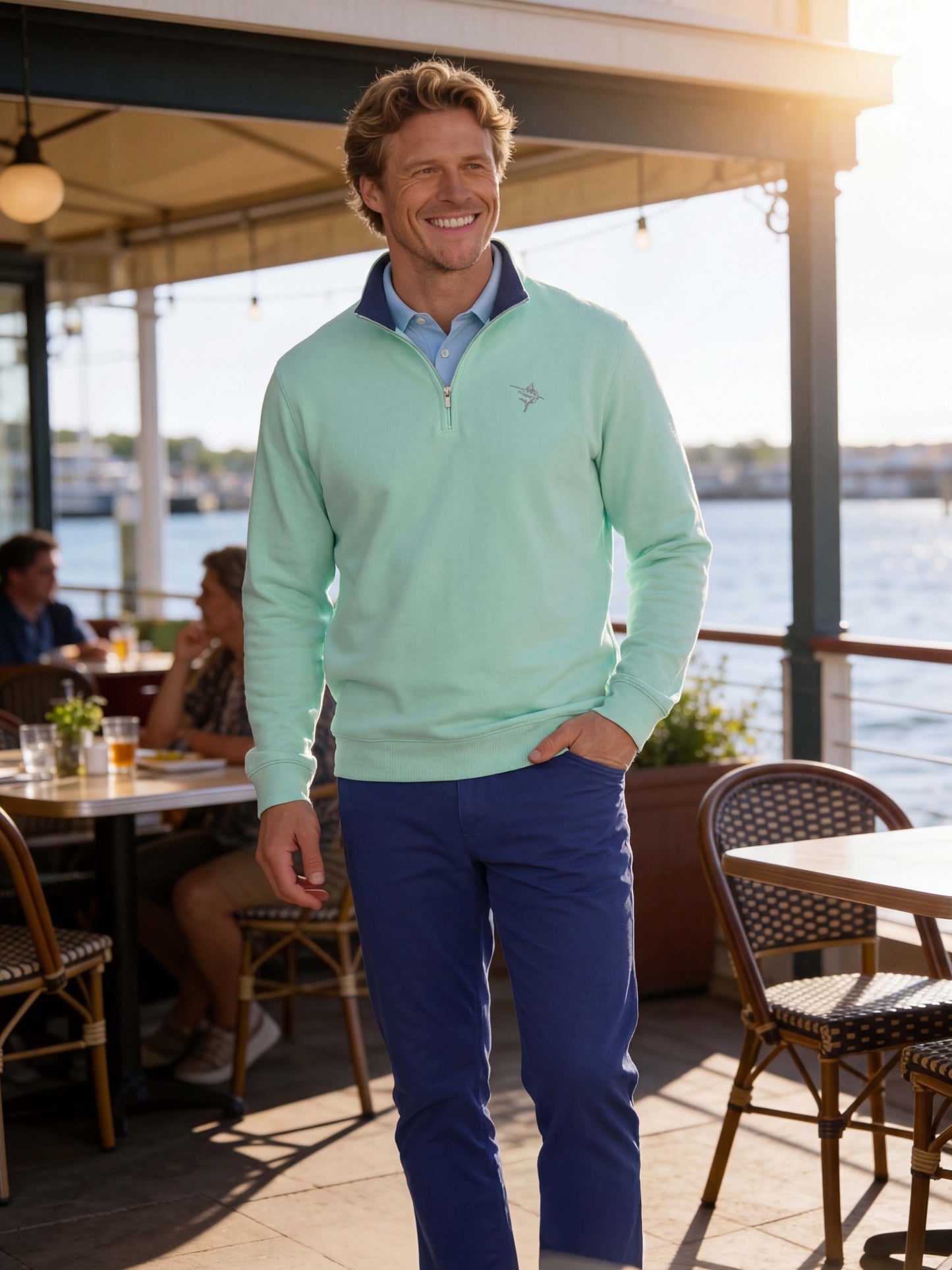 White Water Life Turnberry aqua and navy quarter zip smooth knit top, shown with matching pants in a relaxed fit.