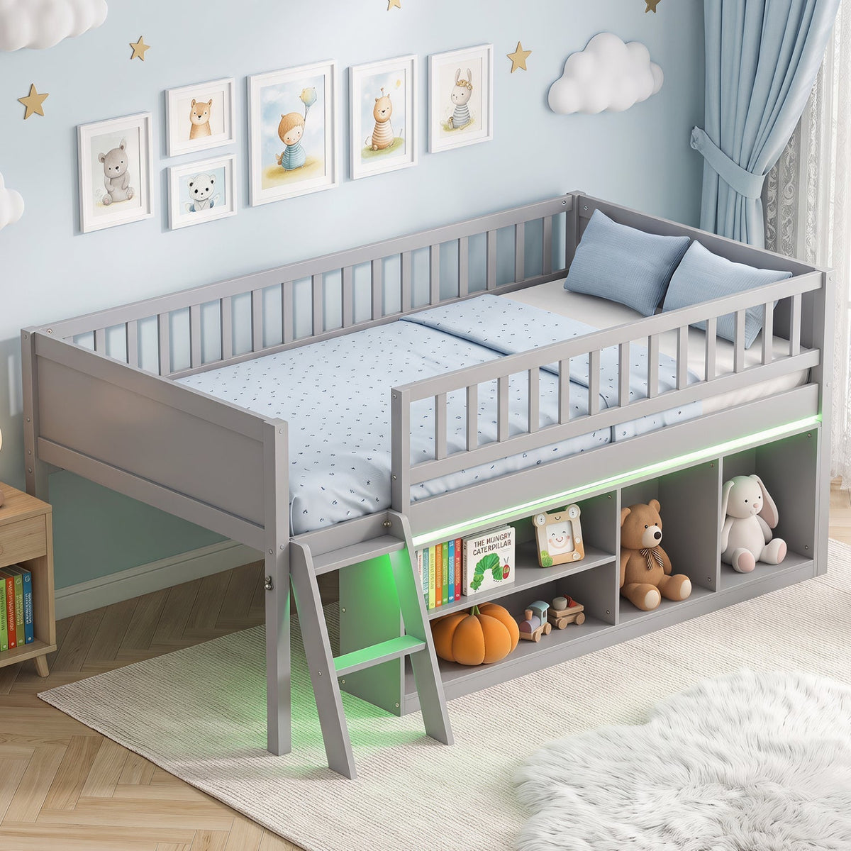 Twin loft bed with integrated bookshelf and LED lights for kids, featuring a sturdy wooden frame and built-in reading nook.