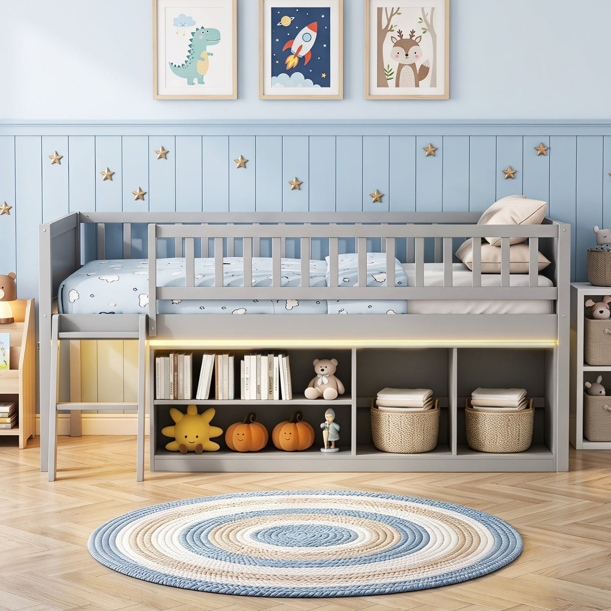 Twin loft bed with built-in bookshelf and LED lights for kids, featuring a sturdy wooden frame and modern design.
