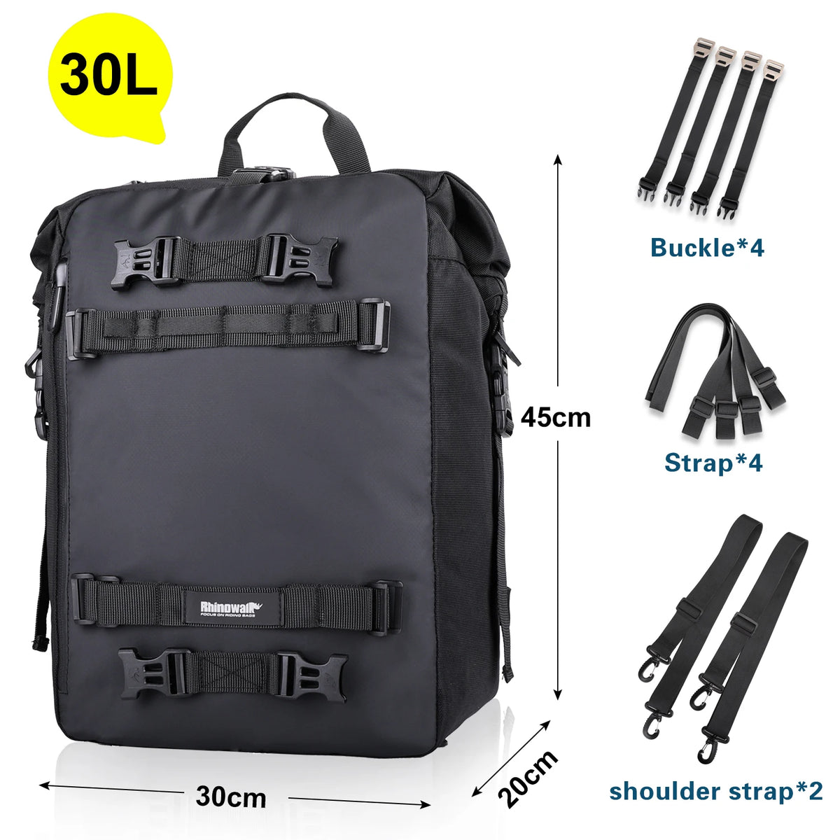 Rhinowalk motorcycle saddle bag in black, waterproof with 10/20/30L capacity, mounted on motorcycle seat for versatile cycling storage