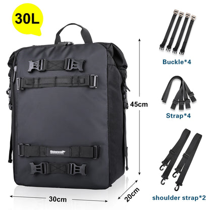 Rhinowalk motorcycle saddle bag in black, waterproof with 10/20/30L capacity, mounted on motorcycle seat for versatile cycling storage