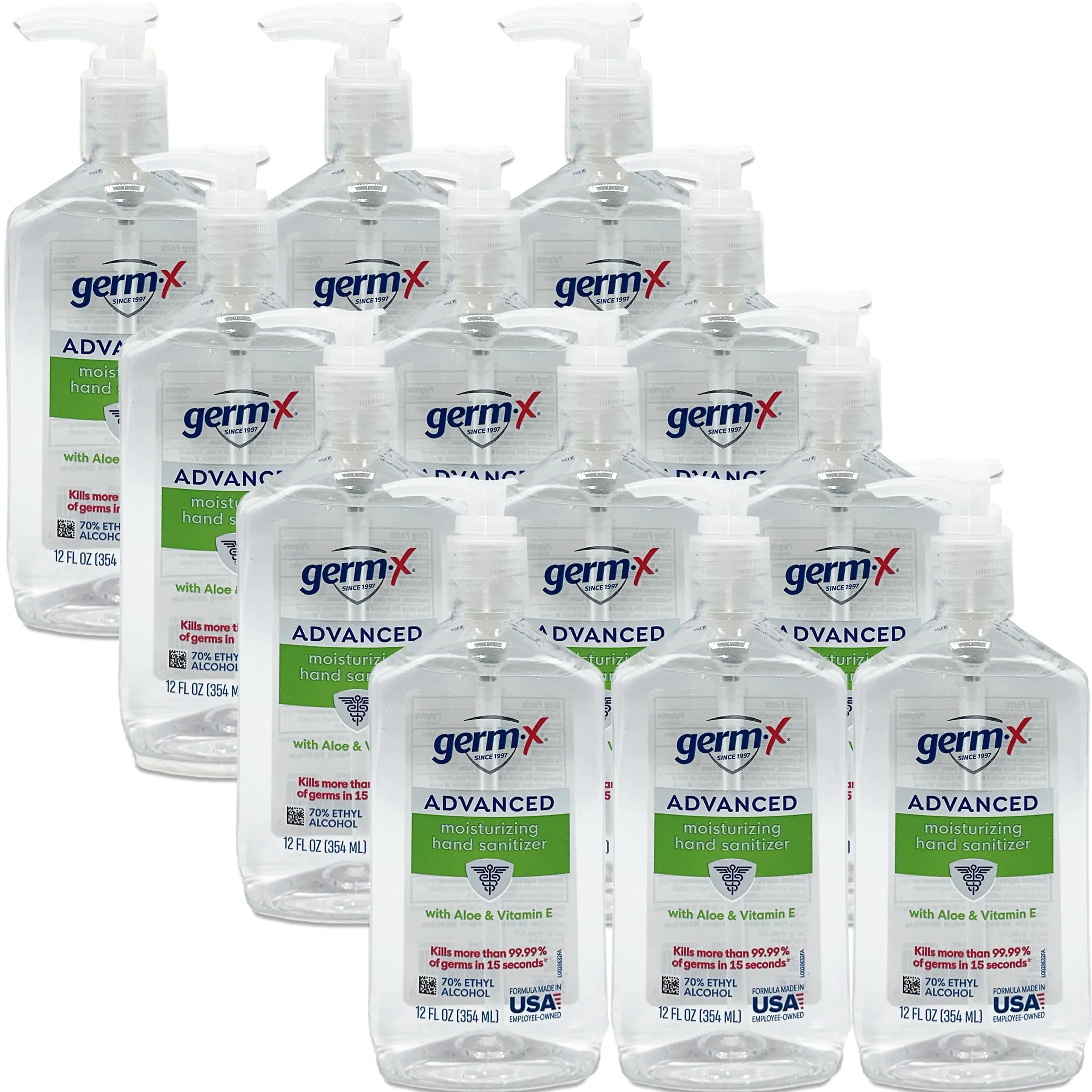 Germ-X Hand Sanitizer Advanced Moisturizing with Aloe and Vitamin E Dye Free Hand Sanitizer Gel with Pump Hand Sanitizers for School Classroom Office Home 12 Ounces (Pack of 12)