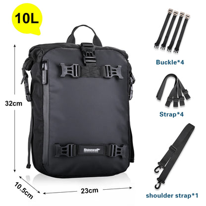 Rhinowalk motorcycle saddle bag in black, waterproof 10/20/30L side luggage for cycling and motorcycle touring.