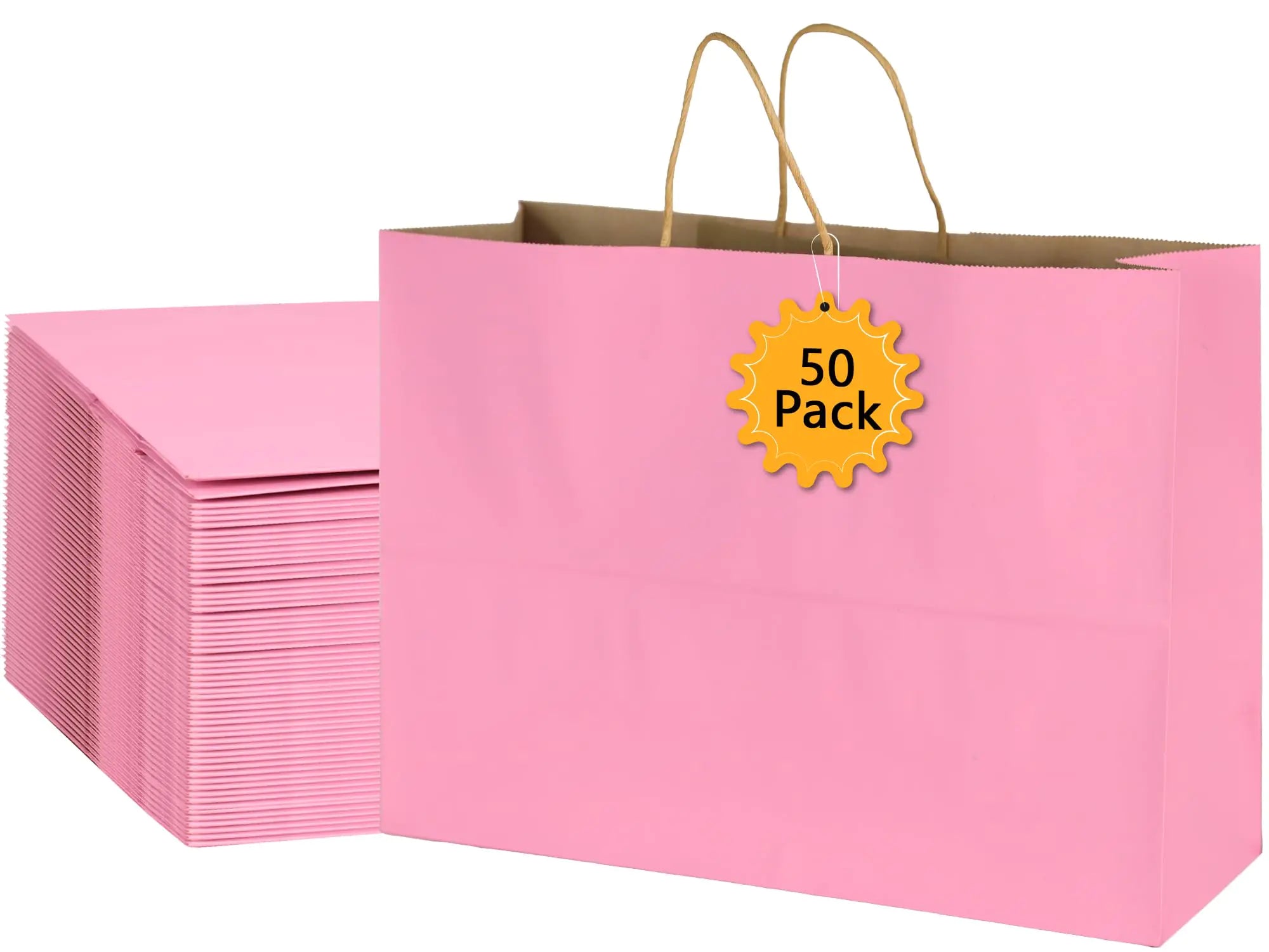 BLEWINDZ 50Pcs Pink Gift Bags Large 16x6x12 Inches Kraft Paper Bags with Handles Bulk – Goodie Bags Shopping Bags for Grocery Merchandise