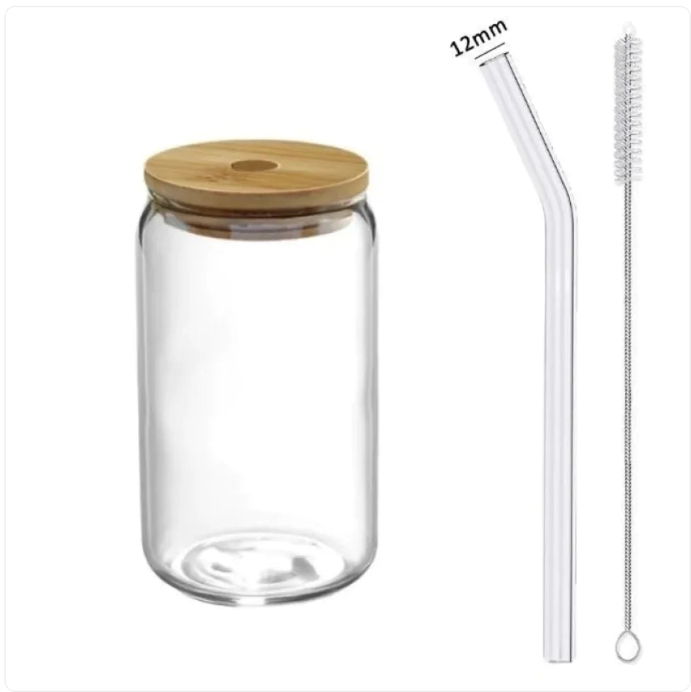 Transparent Glass Cup with Lid & Straw