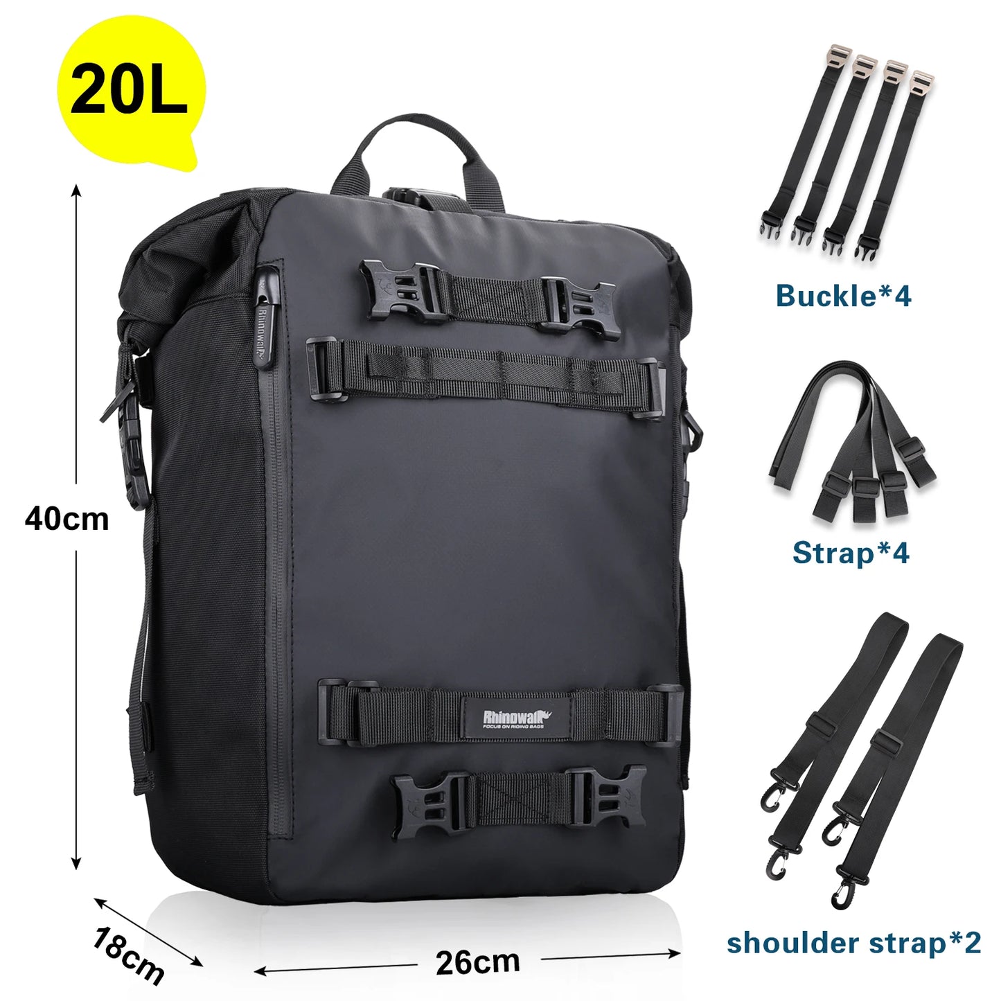 Rhinowalk motorcycle saddle bag in black, waterproof 10/20/30L capacity, mounted on bike side for cycling gear storage.