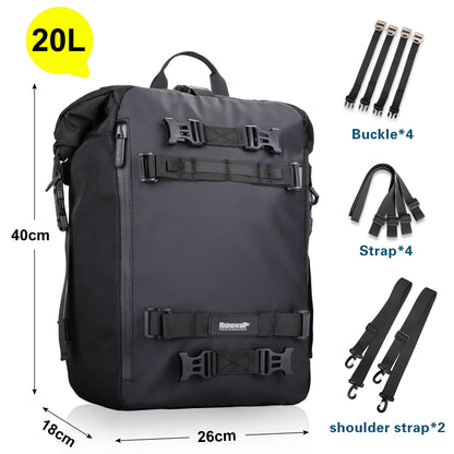 Rhinowalk motorcycle saddle bag in black, waterproof 10/20/30L capacity, mounted on bike side for cycling gear storage.