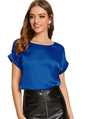 Milumia Womens Casual Satin Blouse Rolled Cap Short Sleeve Office Silk Shirt Tops Royal Blue Medium