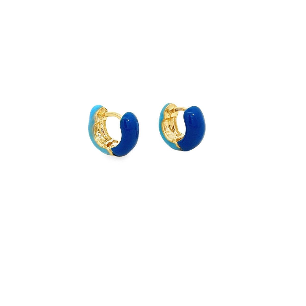 Small 18K gold filled enamel huggie earrings by MIA Jewelry, showcasing vibrant color and sleek hoop design.